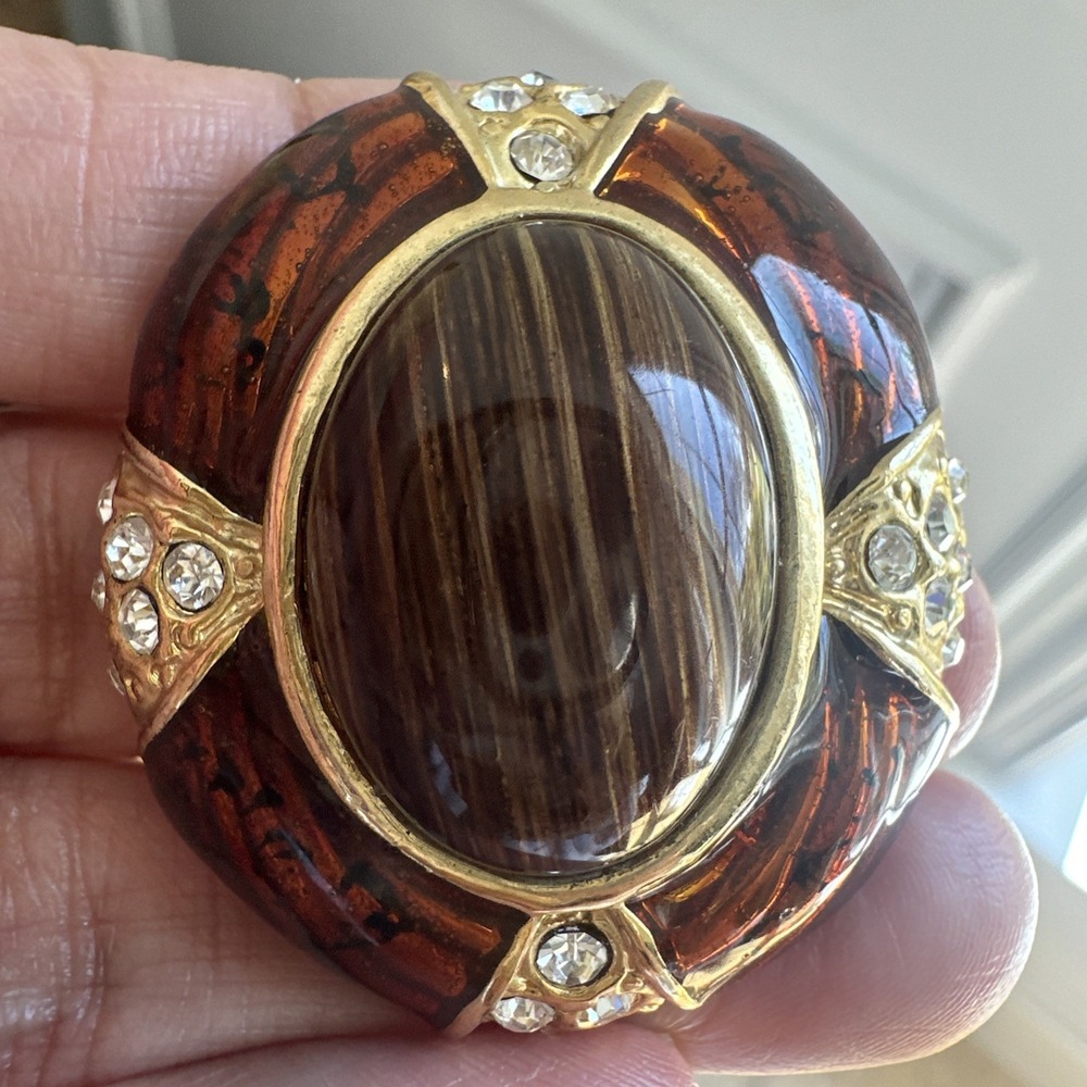 Vintage Brooch Pin 1.75 Inch Brown Marbled Art Glass Clear Rhinestones Gold - Picture 3 of 8